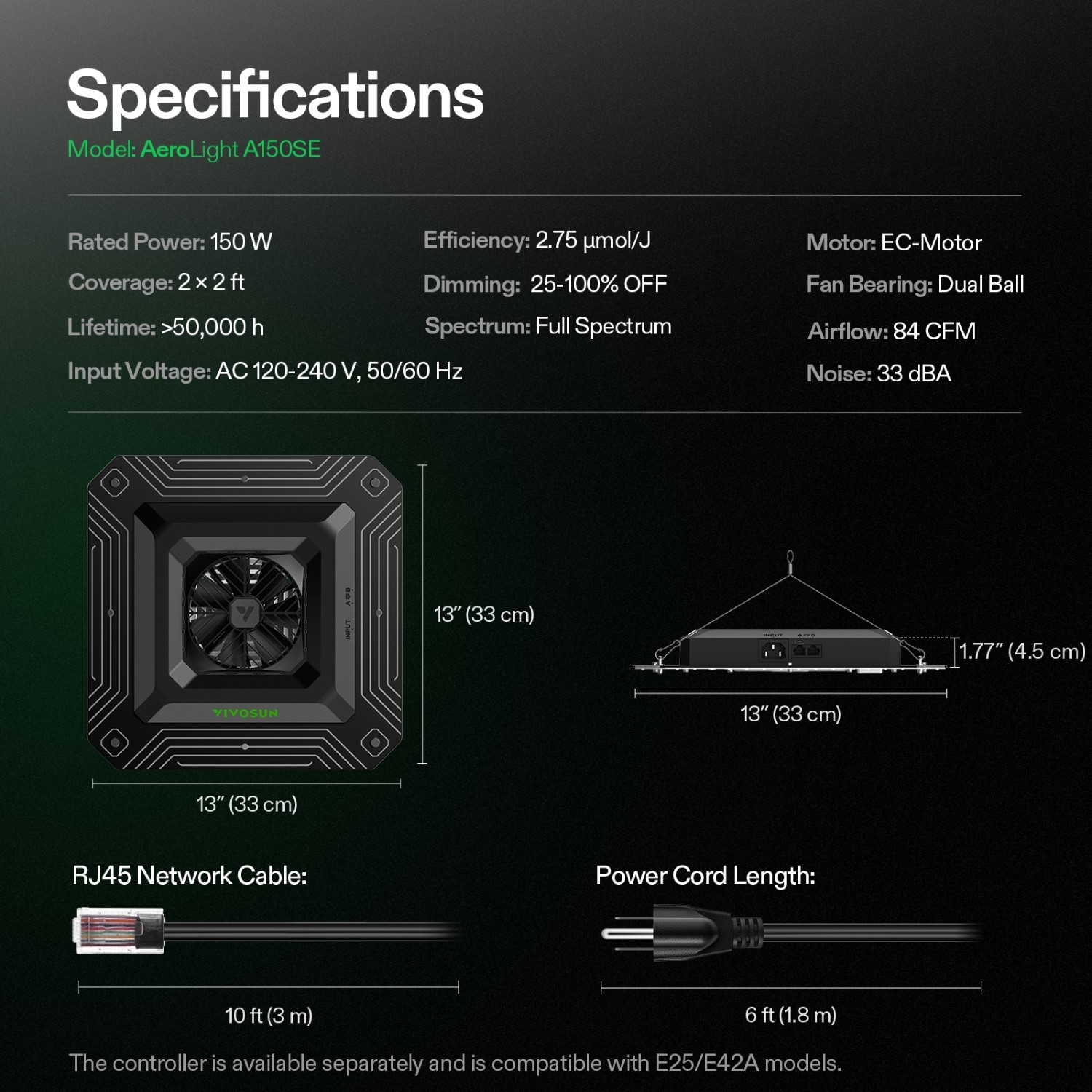 VIVOSUN 32"x32"x63" PRO Complete Grow Tent Kit A150SE Light 4" Fan E42A Control