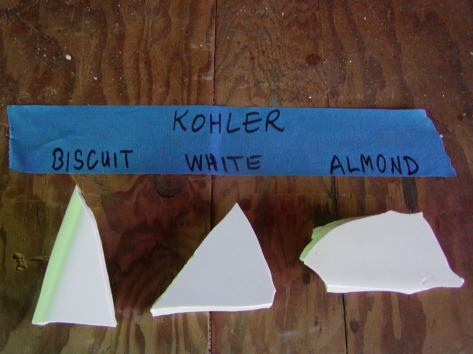 Sample Chips to identify Kohler Toilet Colors Almond, White, and Biscuit