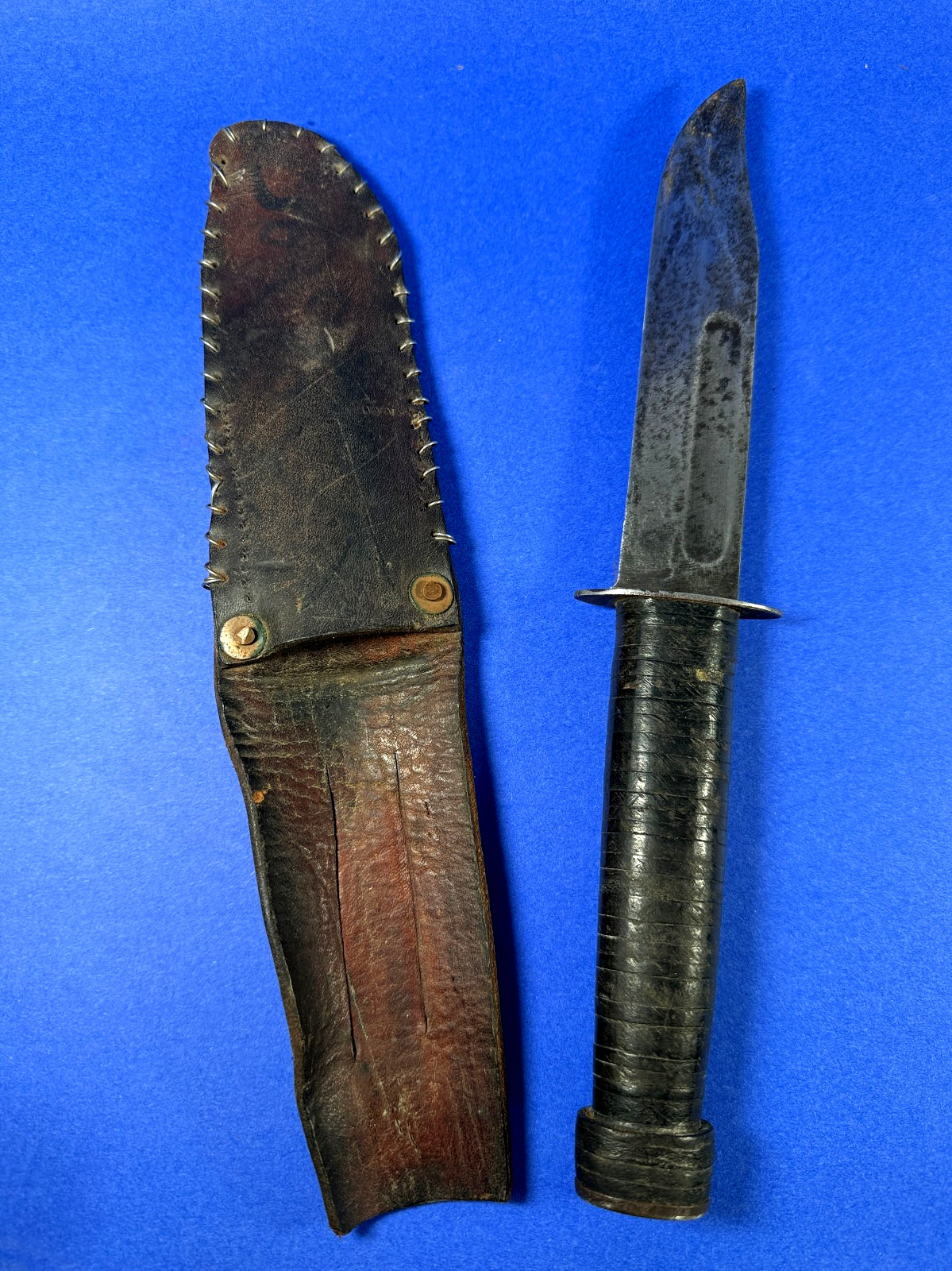 VTG WW2 ERA PERSONAL 12" FIGHTING KNIFE SANSSOUCI DR FRANCE W/ LEATHER SHEATH