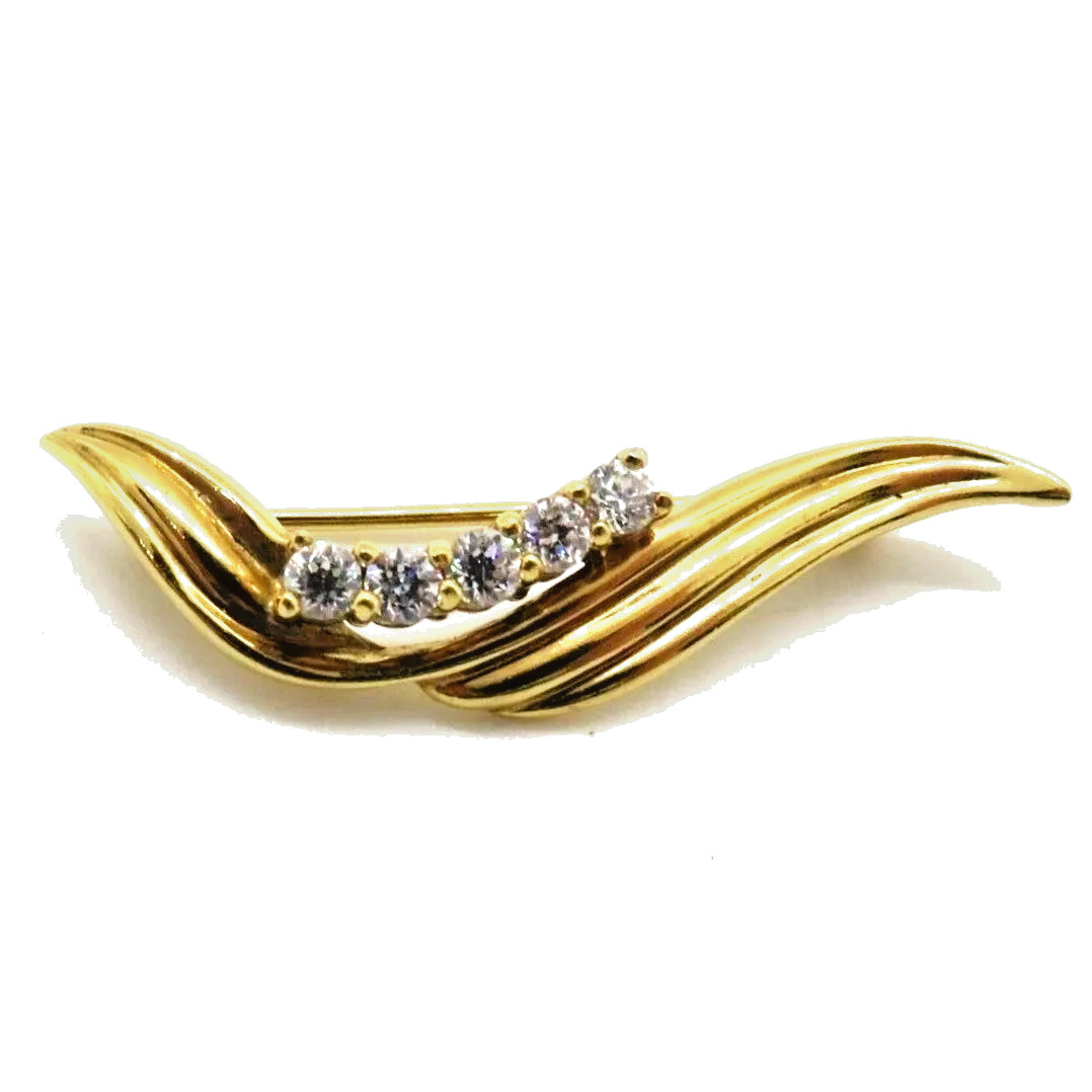 Vintage Gold Tone Wave Brooch Pin Rhinestone Clear Stones Marked Korea