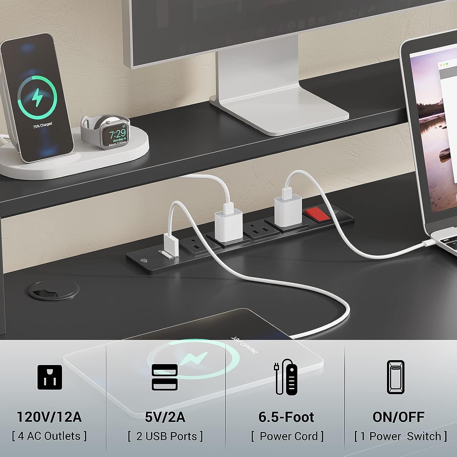 L Shaped Computer Desk with Led Lights 66" Home Office Desk with Power Outlet