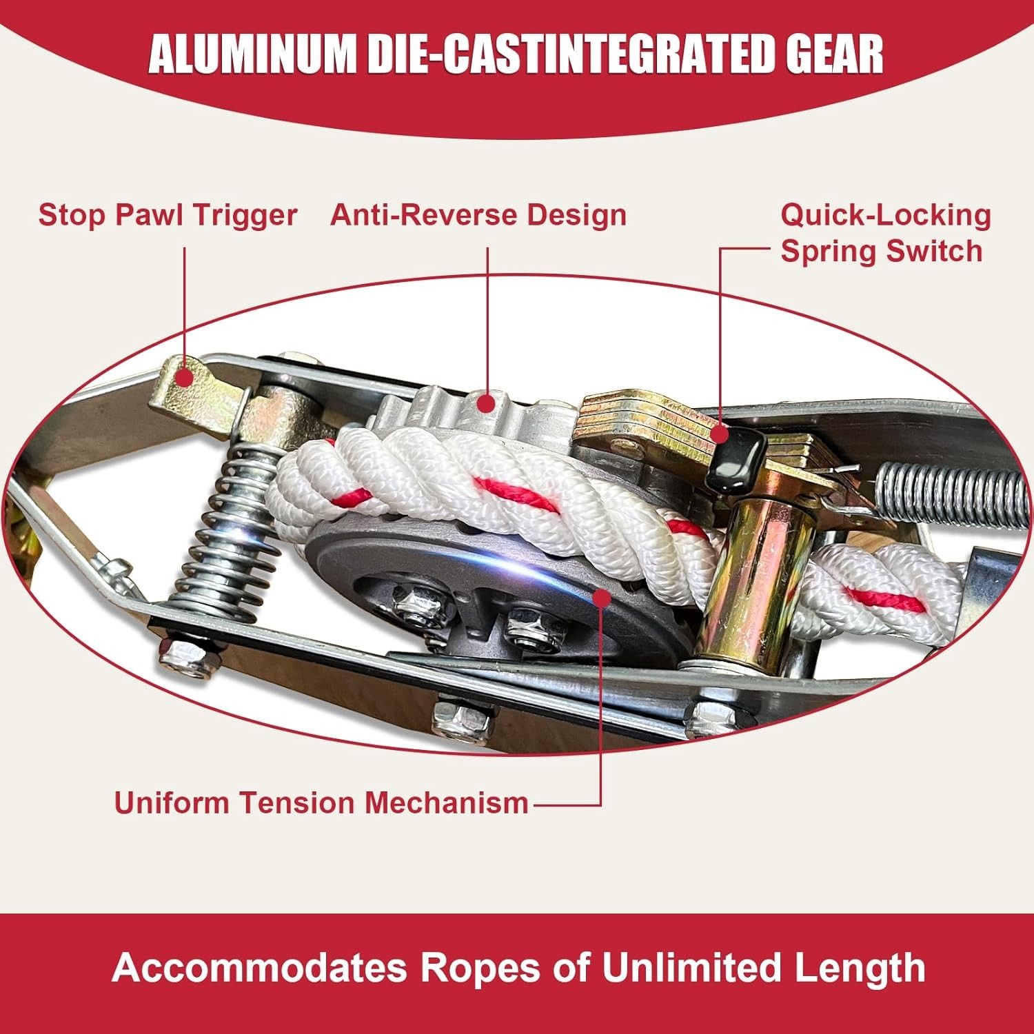 Rope Puller 1-1/2 Ton 3300 lbs Capacity with 20' of 0.6" Diameter Rope 2 Hook Co