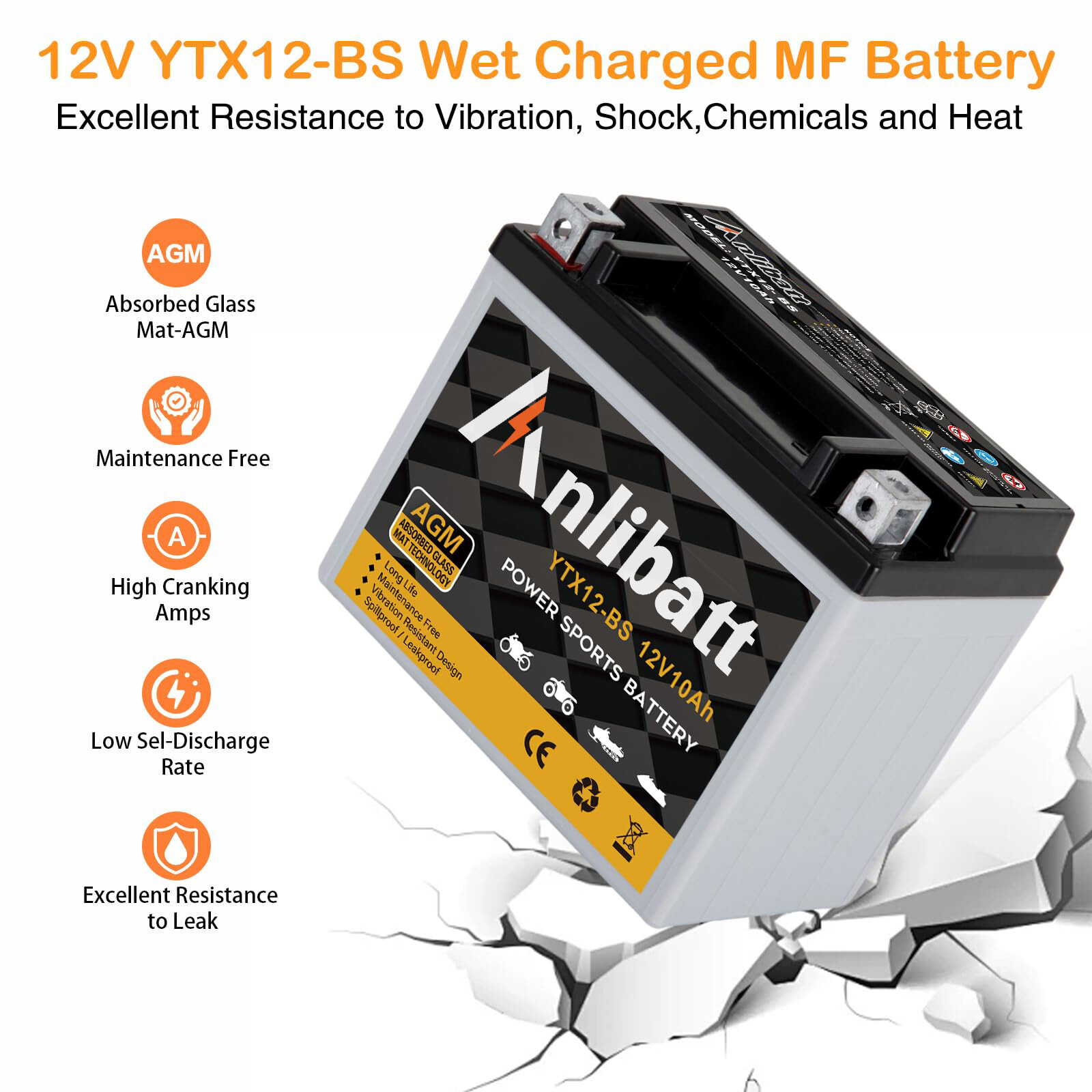 YTX12-BS AGM Motorcycle Battery 12V 10Ah 180CCA Maintenance Free for ATV Scooter