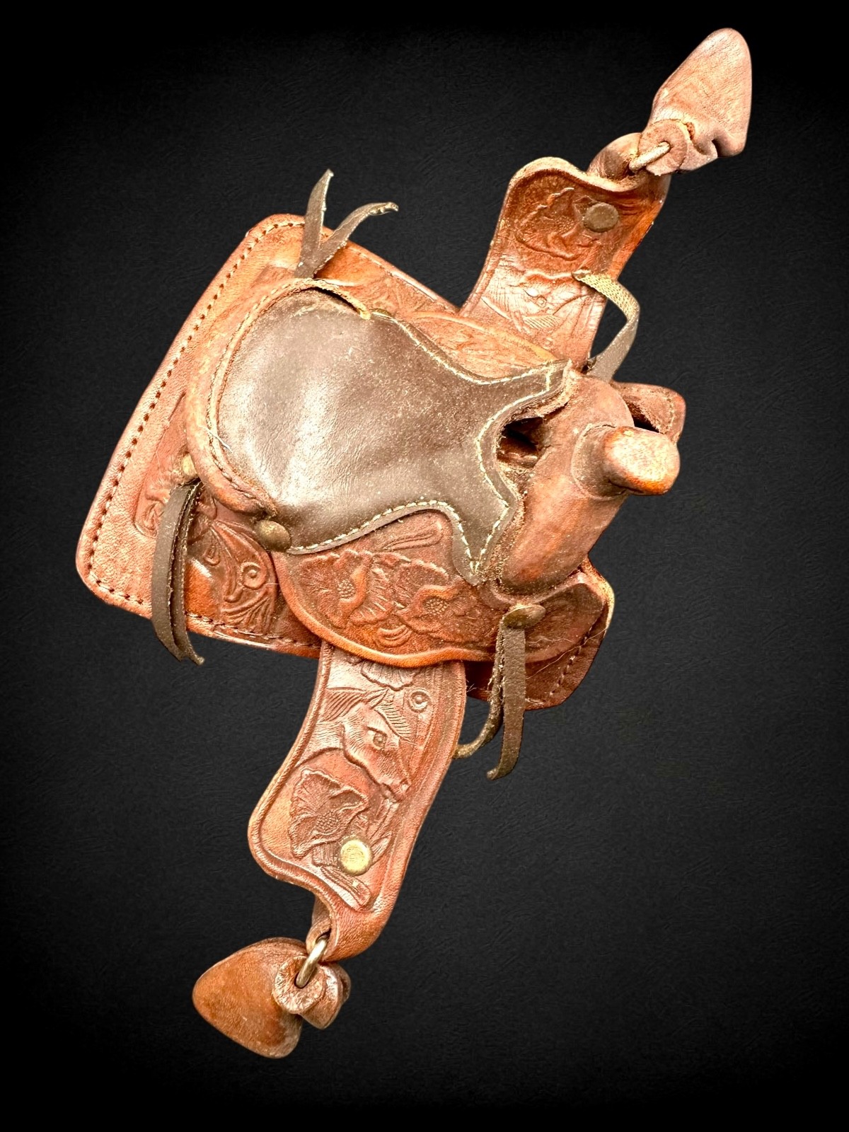 Vintage Miniature Western Saddle Salesman Sample Tooled Leather Cowboy Mini