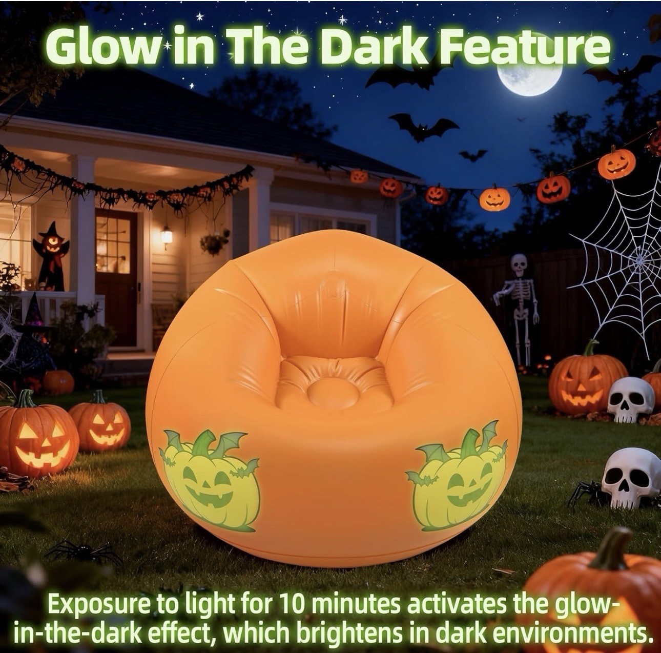 Inflatable Bean Bag Chair Sofa for with Pumpkin Pattern Glow in The Dark, Blo...