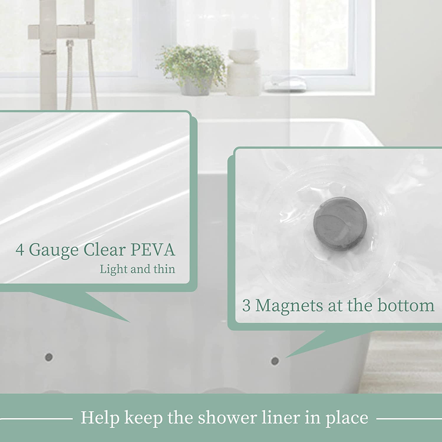Clear Shower Curtain Liner with 3 Magnets, 72x72 Premium Flexible Sturdy Plastic