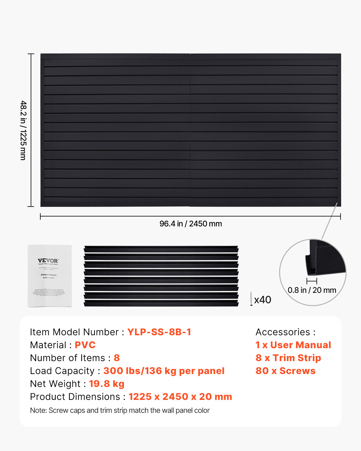 VEVOR 8 x 4 ft Slat Wall Paneling PVC Black Garage Slatwall with Modular Design