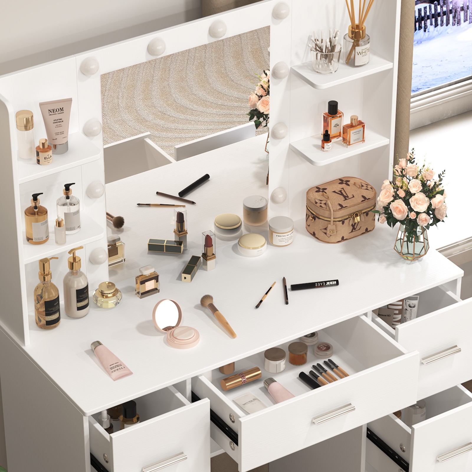 10 lights LED Mirror For Bedroom White Makeup Dressing Vanity Table For Gifts US