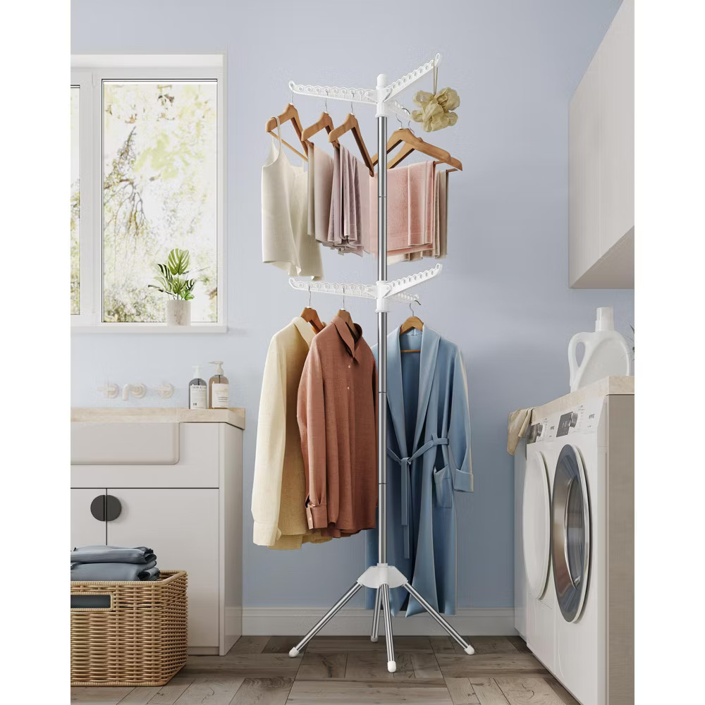 2-Tier Foldable Laundry Drying Rack, 6 Rotatable Arms for Hangers, Holds 54