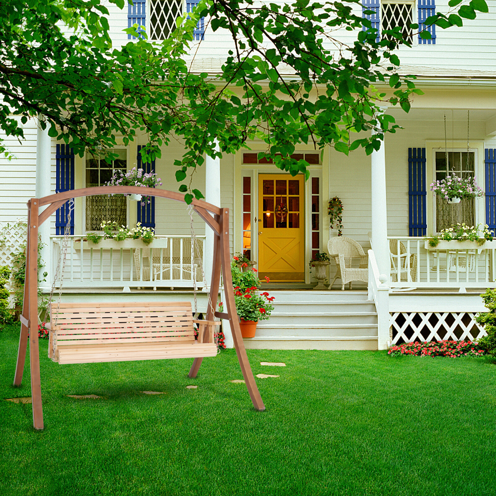 Heavy Duty 880 LBS 5FT Patio Wooden Porch Swing with Hanging Chains for Yard