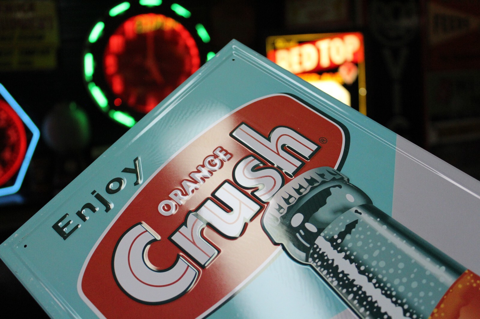 RARE ENJOY ORANGE CRUSH SODA POP VERTICAL EMBOSSED METAL SIGN BOTTLE STORE GAS