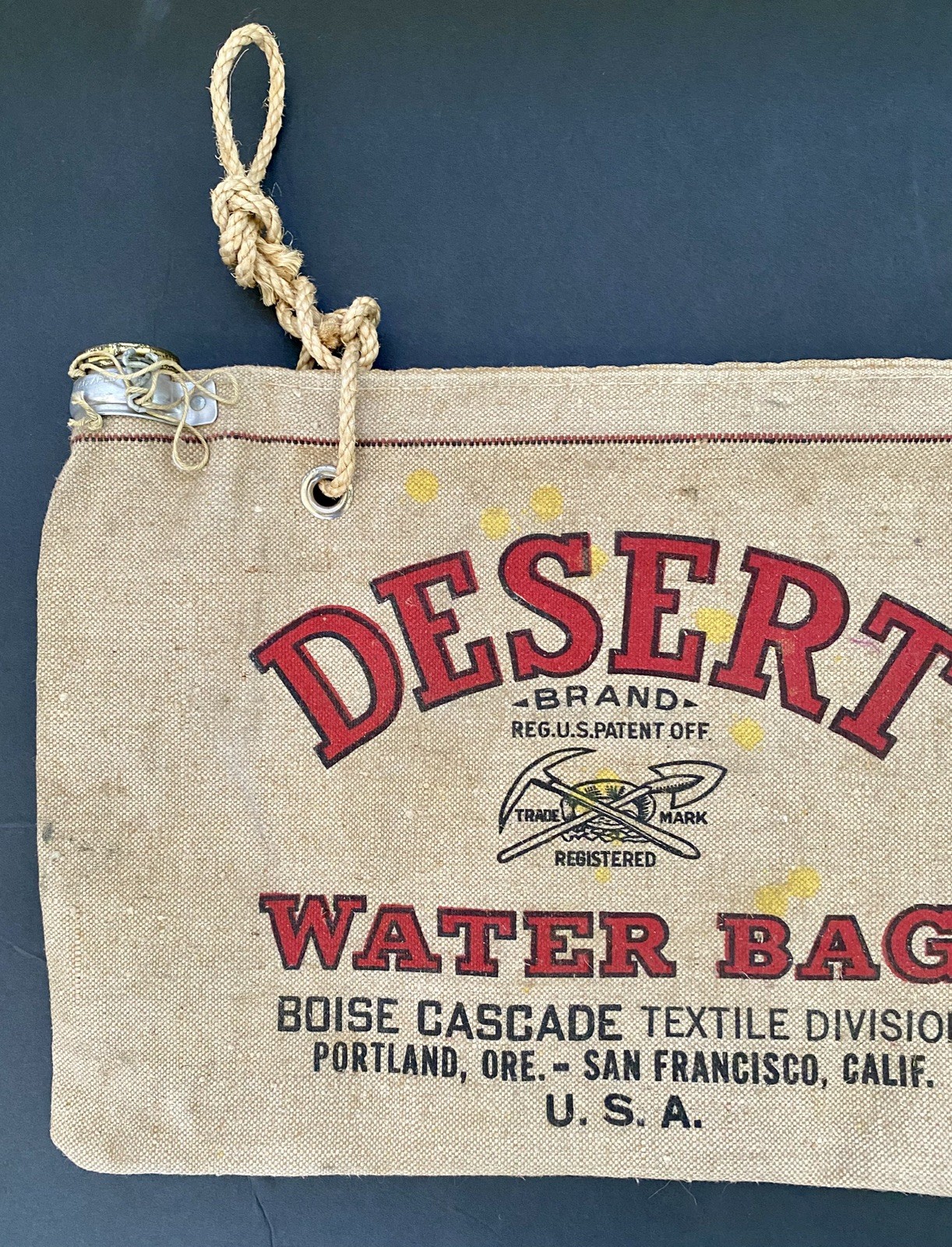 Vtg Desert Brand Canvas Water Bag USA Made San Francisco CA, Boise Cascade