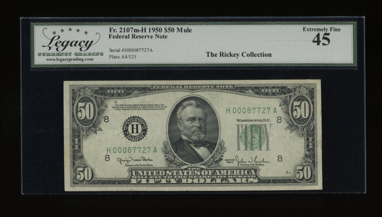 DBR 1950 $50 FRN St. Louis Mule Fr. 2107-Fm Legacy 45 Serial H00087727A