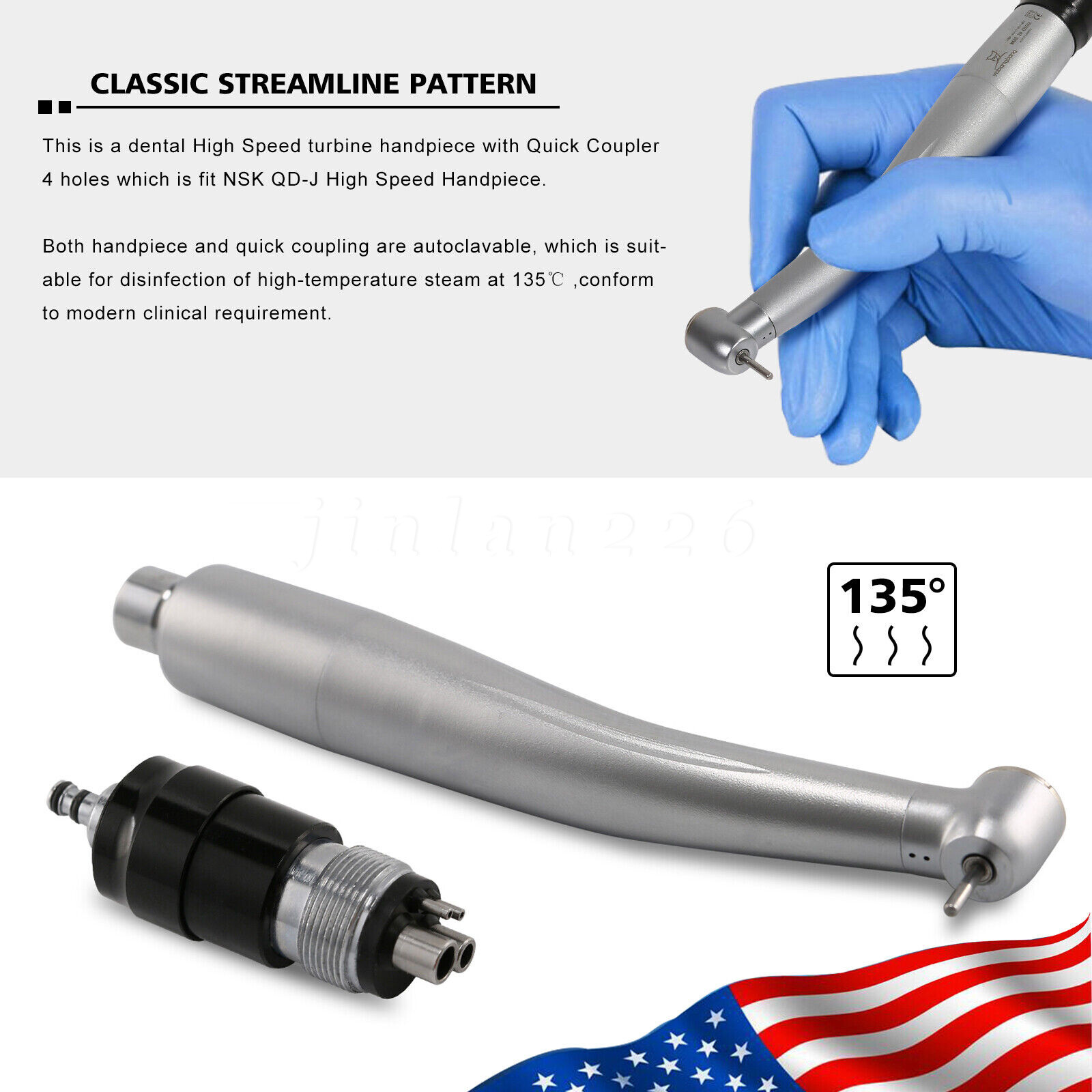 NSK Style Dental High Speed Handpiece Push Button + Quick Coupler Swivel 4 Holes