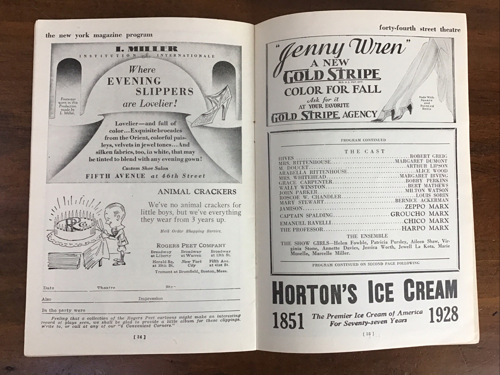 1928 Marx Brothers ANIMAL CRACKERS 44th Street Theatre NYC Playbill Shuberts VTG