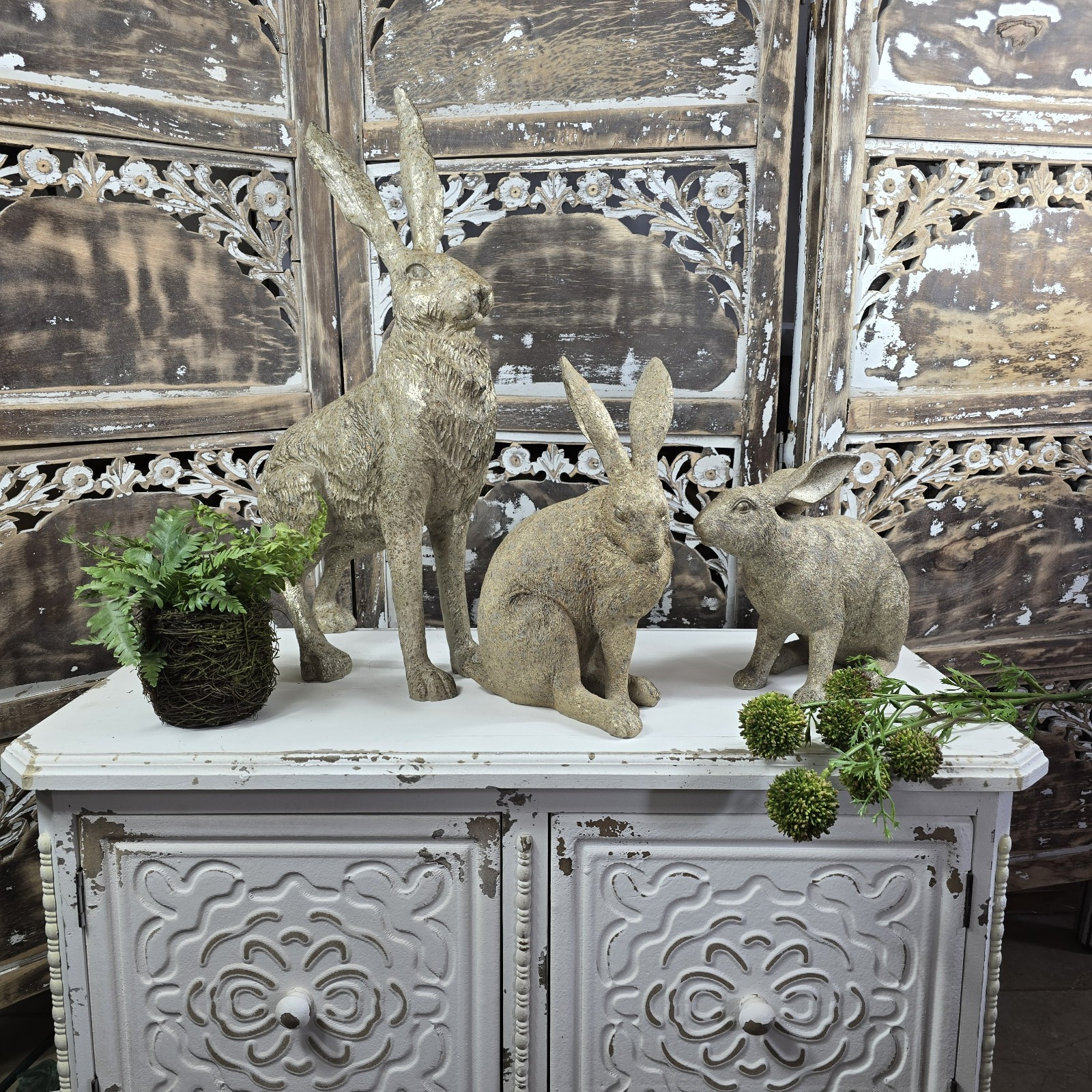 Rustic Weathered Gold Speckle Garden Bunny Rabbit Figurine Statue Set of 2