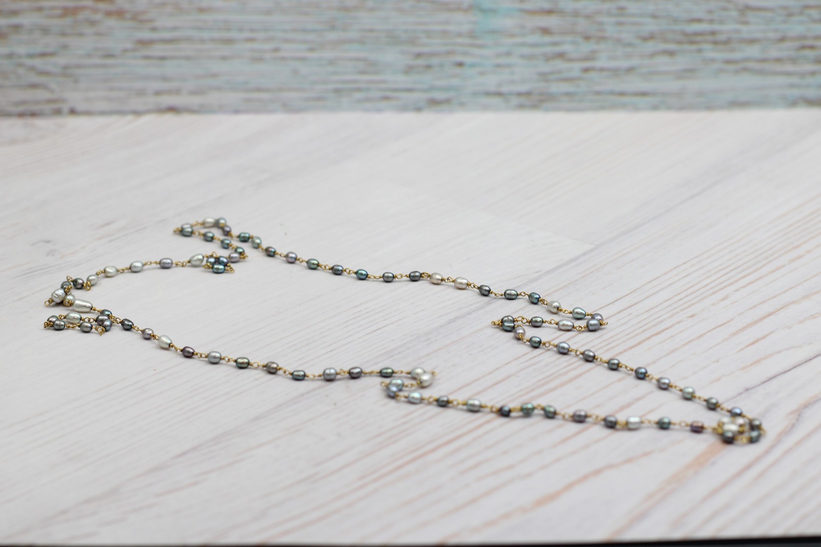 Vintage Style Gray Rice Pearl & Brass Link Necklace – 36", MSRP $120