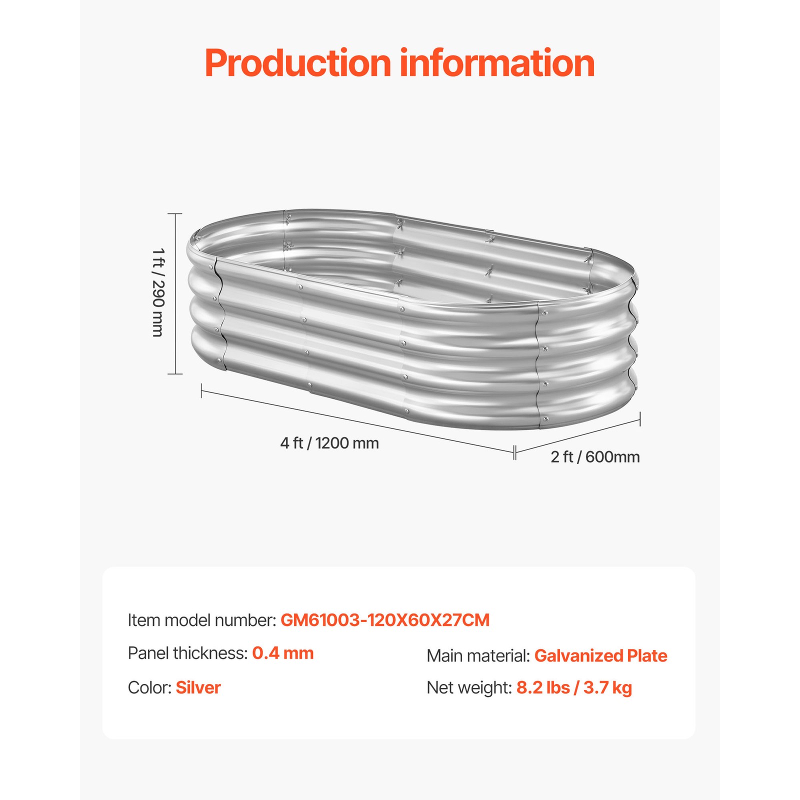 Uimoso Metal Raised Garden Bed Galvanized Planter Box 4x2x1 ft in Silver Finish