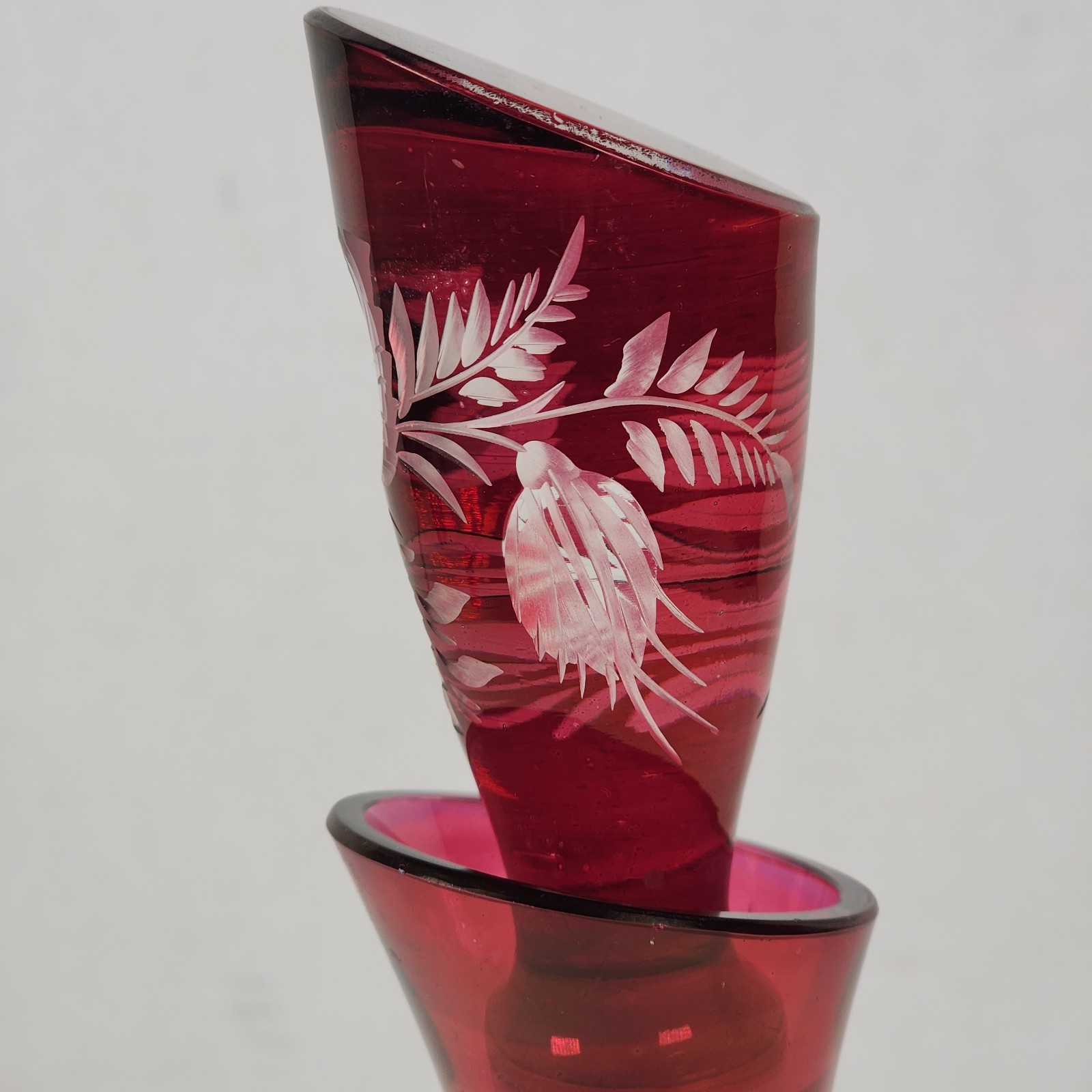 Bohemian Art Glass Ruby Red Liquor Decanter Etched Floral Design Vintage