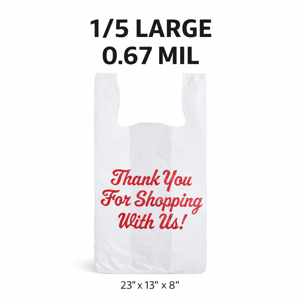Bags 1/5 Large 23 x 13 x 8" Thank You" T-Shirt Plastic Grocery Shopping 0.67 Mil