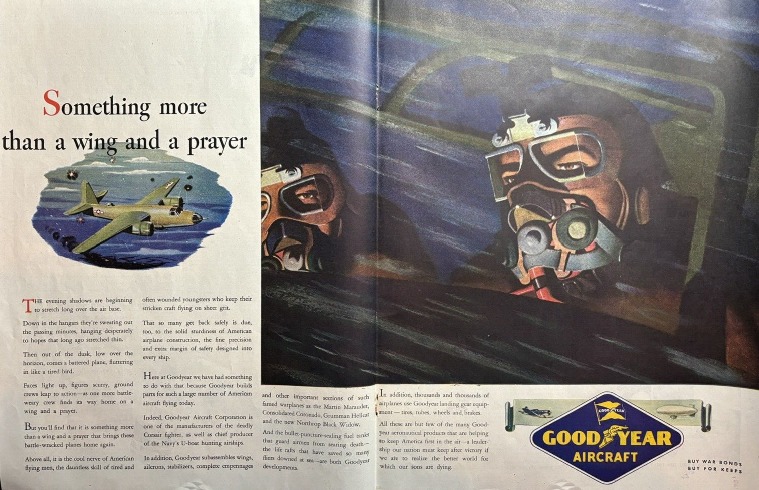 1944 Good Year Aircraft Pilots WW II Bonds Wing Prayer Safe Masks VTG Print Ad