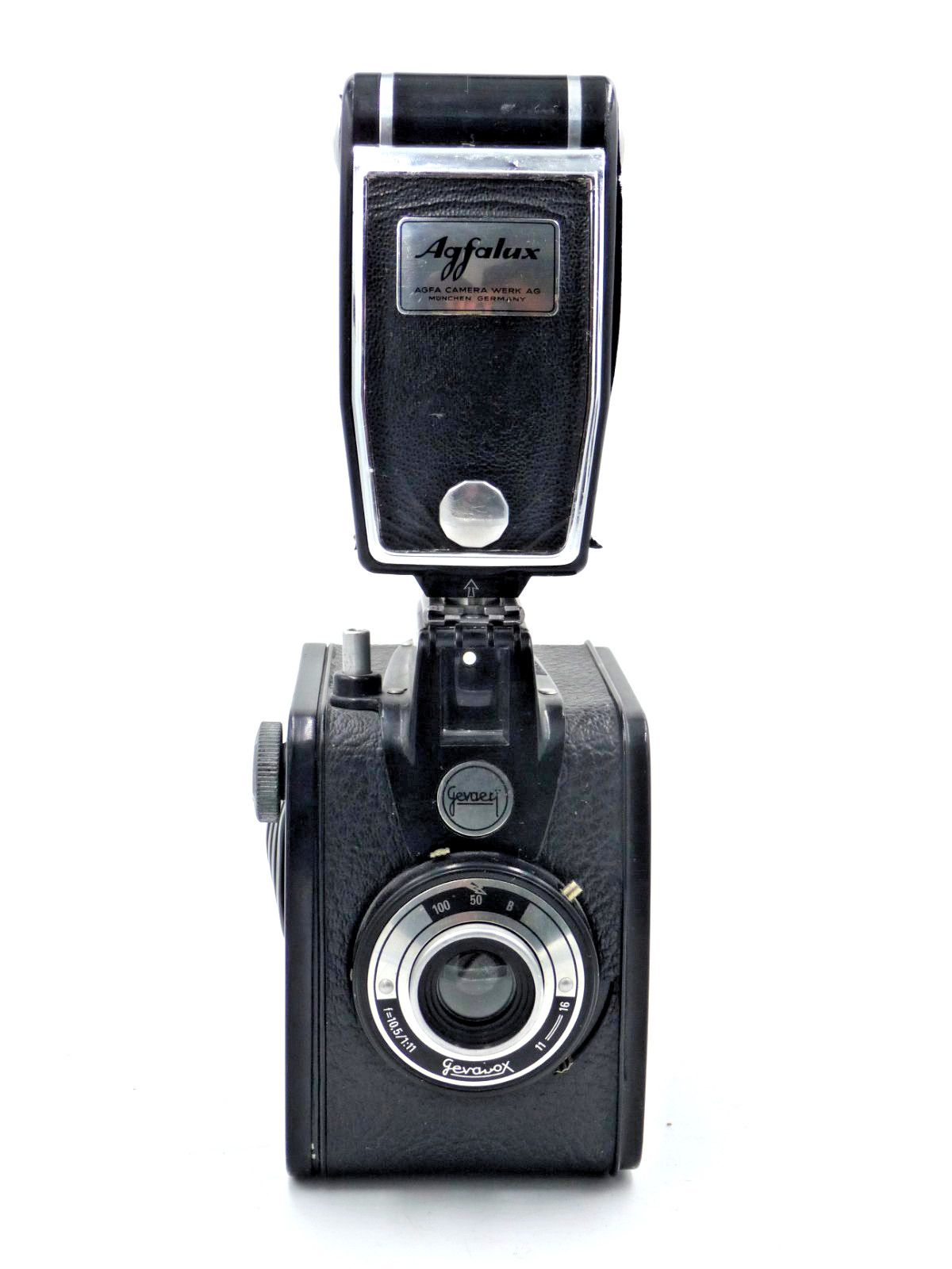 Gevaert Gevabox Art Deco box camera with Agfalux flash
