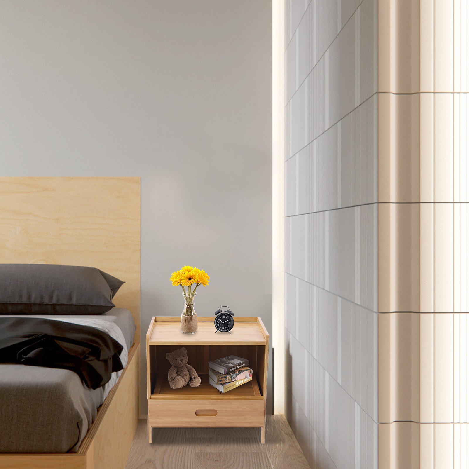 Modern Bedside Cabinet Nightstand Table Drawer Bamboo Bedroom Storage Furniture