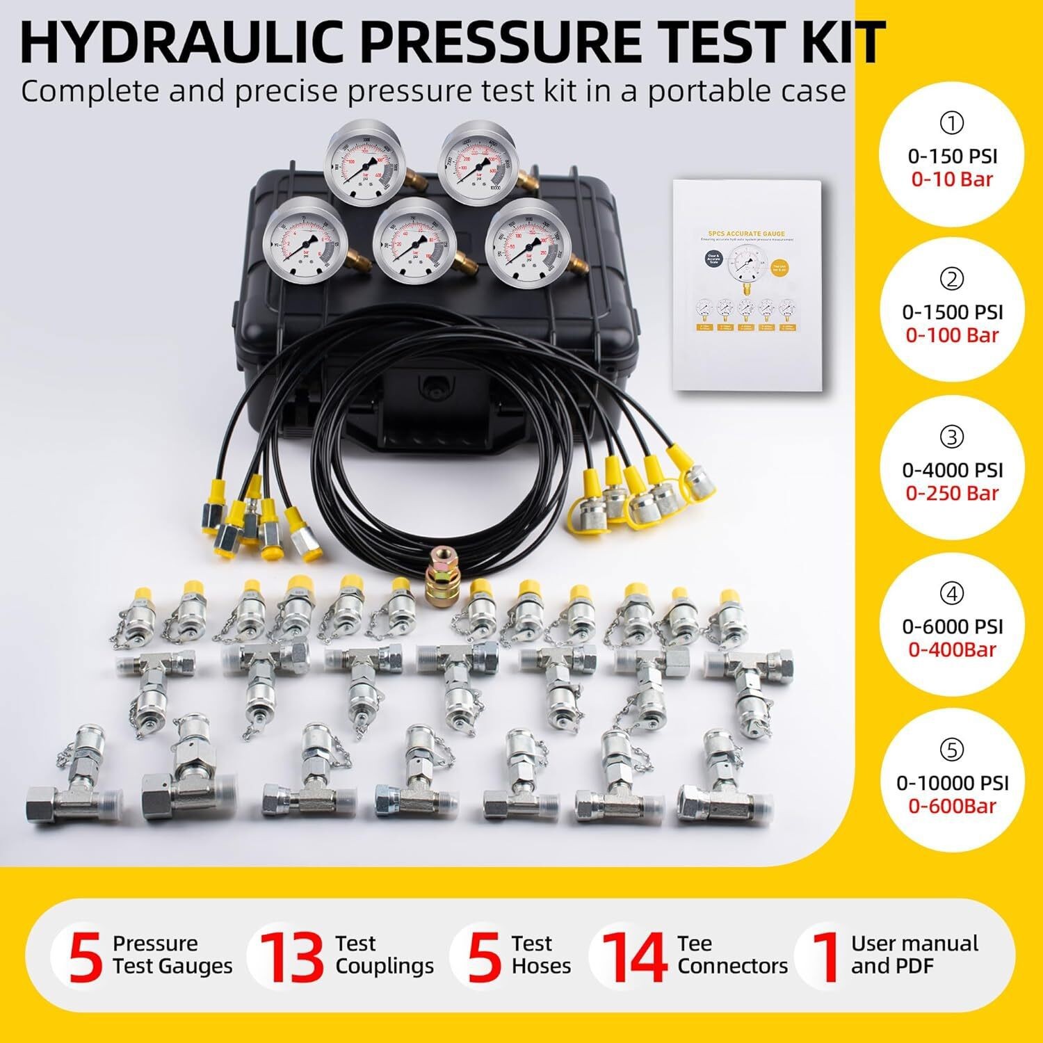 Hydraulic Pressure Test Kit 5 Gauges 13 Couplings 14 Tee Connectors 5 Test Hoses