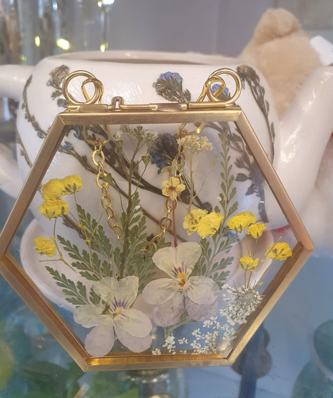 Wall Art Dried Pressed Real Flowers in Glass frame hexagon 3.5 in handmade gift