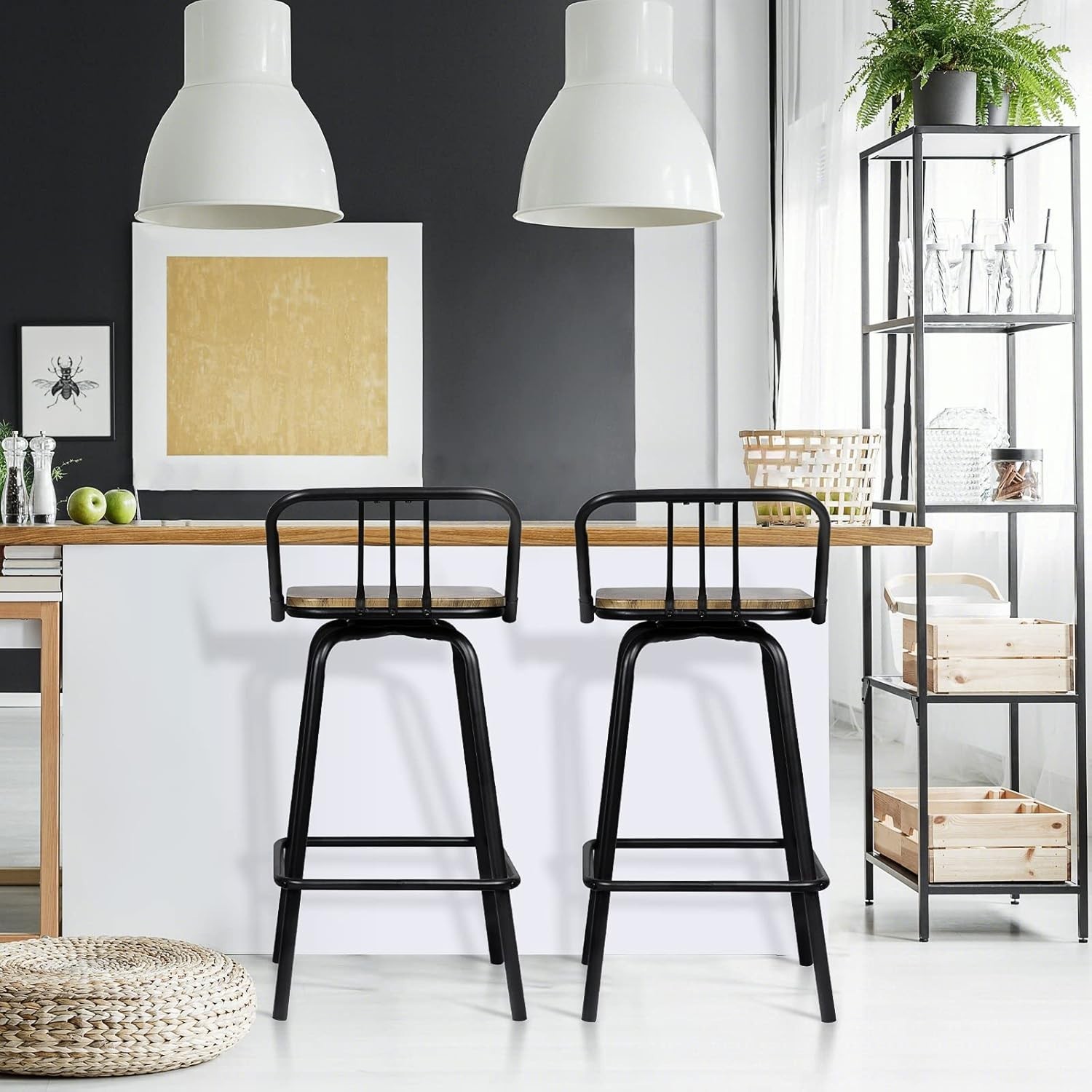 Set of 2 Heavy Duty Swivel Bar Stools /w Low Backrest Square Counter + Footrest