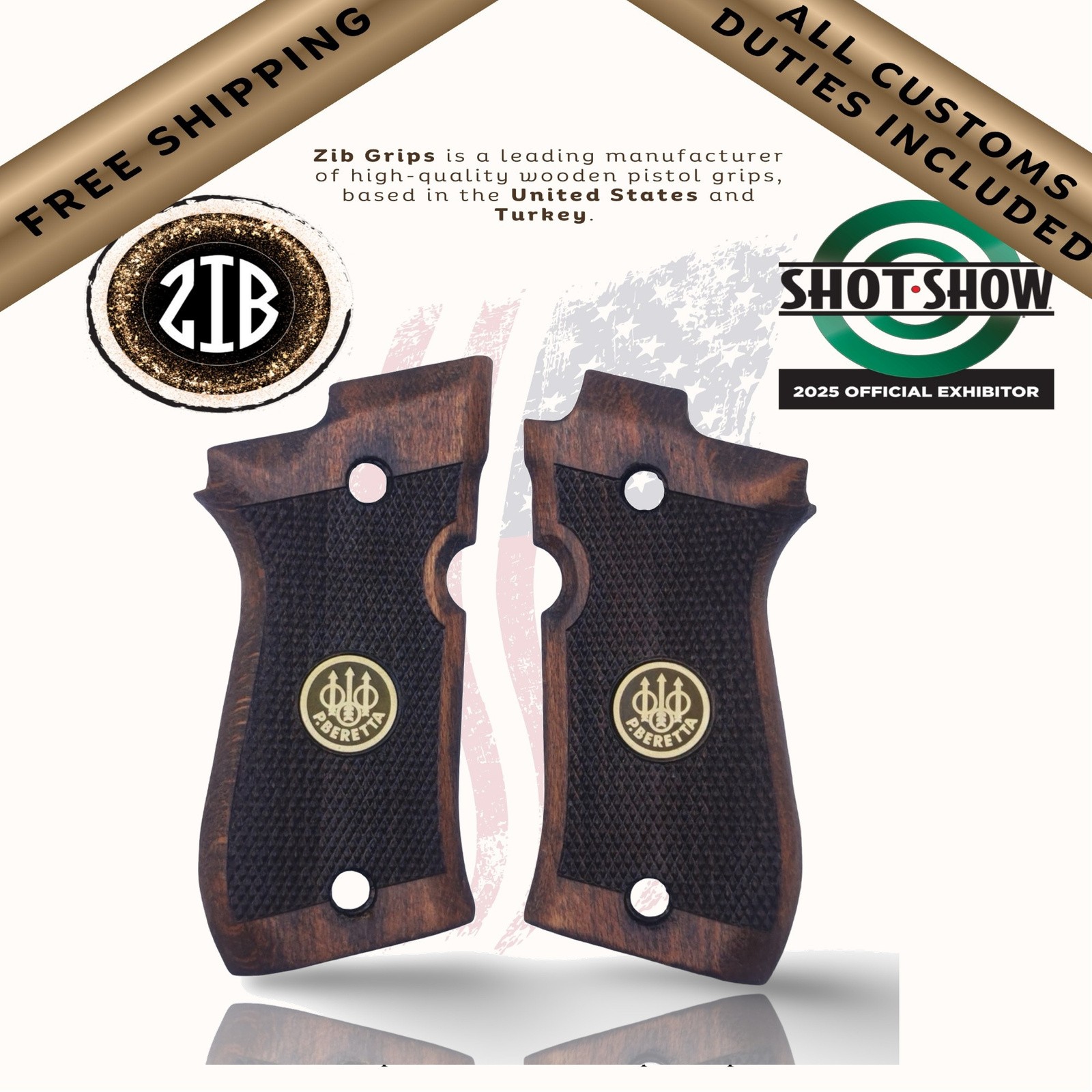 ZIB Grips Beretta 81/84 BB & Fatih 13 Brown Beech Wood Checkered Gold Medallion