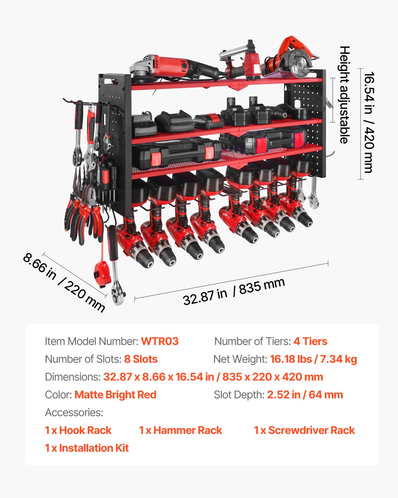 VEVOR Power Tool Organizer Wall Mount 4-Layer Drill Storage Rack 8 Drill Holders