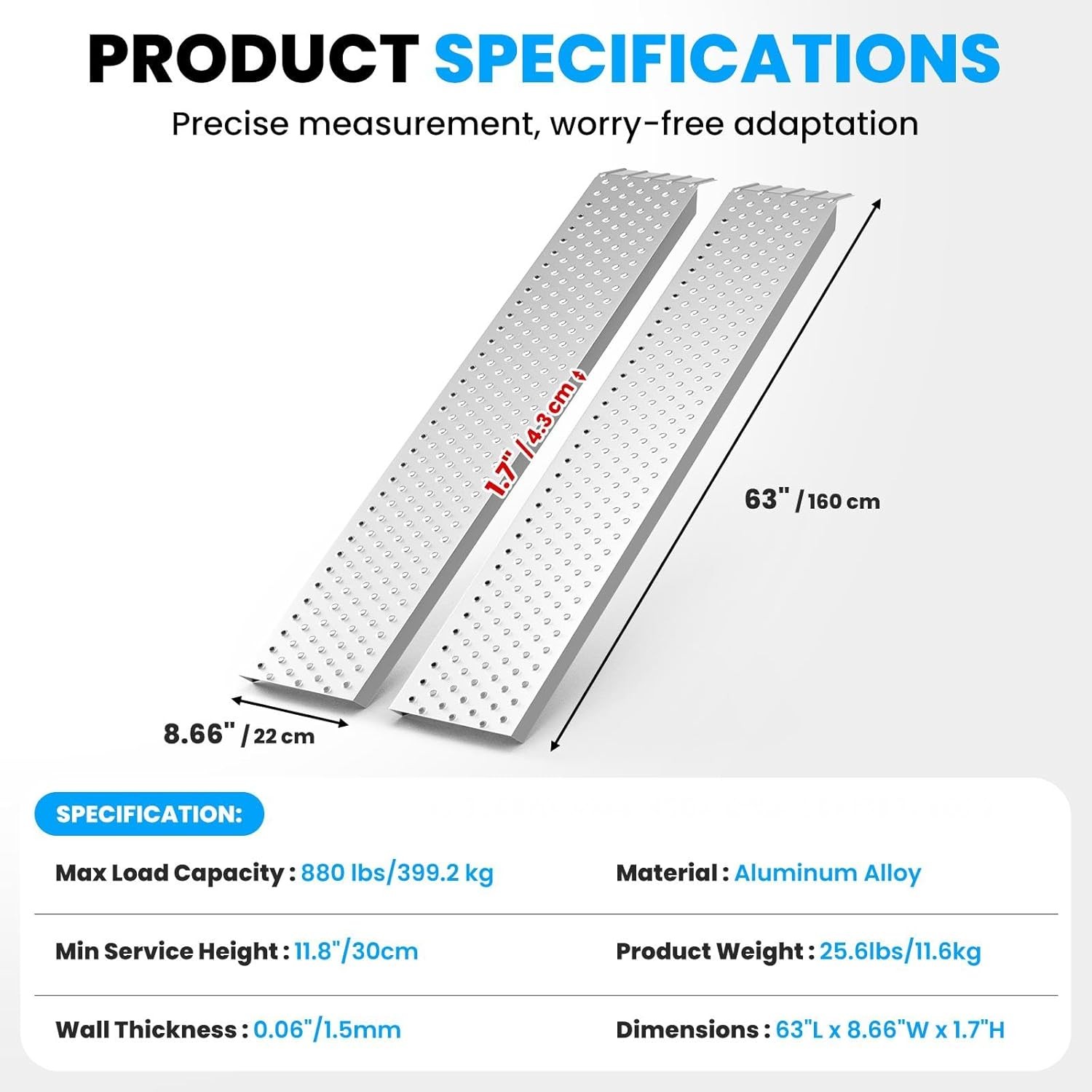 2PCS 9x63inch Aluminum Shed Ramps, Riding Mower Loading Ramps 880lbs Capacity