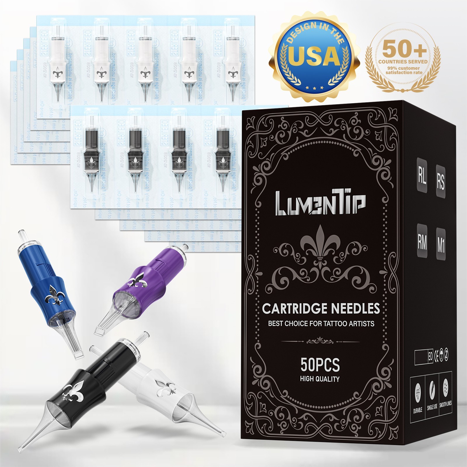 50Pcs Mixed Professional Sterile Tattoo Needle Cartridges Size RL RM RS M1