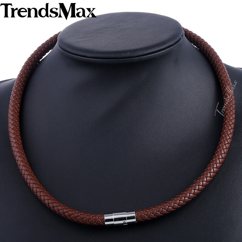 4/6/8mm 16"-36" Black Braided Leather Cord Necklace Choker Steel Magnetic Clasp