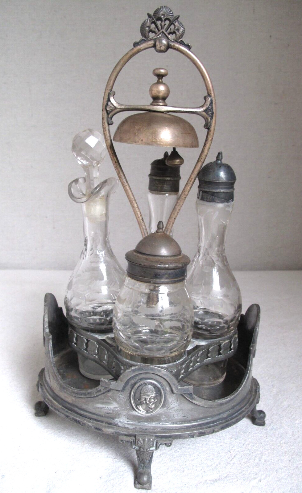 Antique SP Reed & Barton Cruet Castor Set Bell 4 Cut Glass Etched Bottles