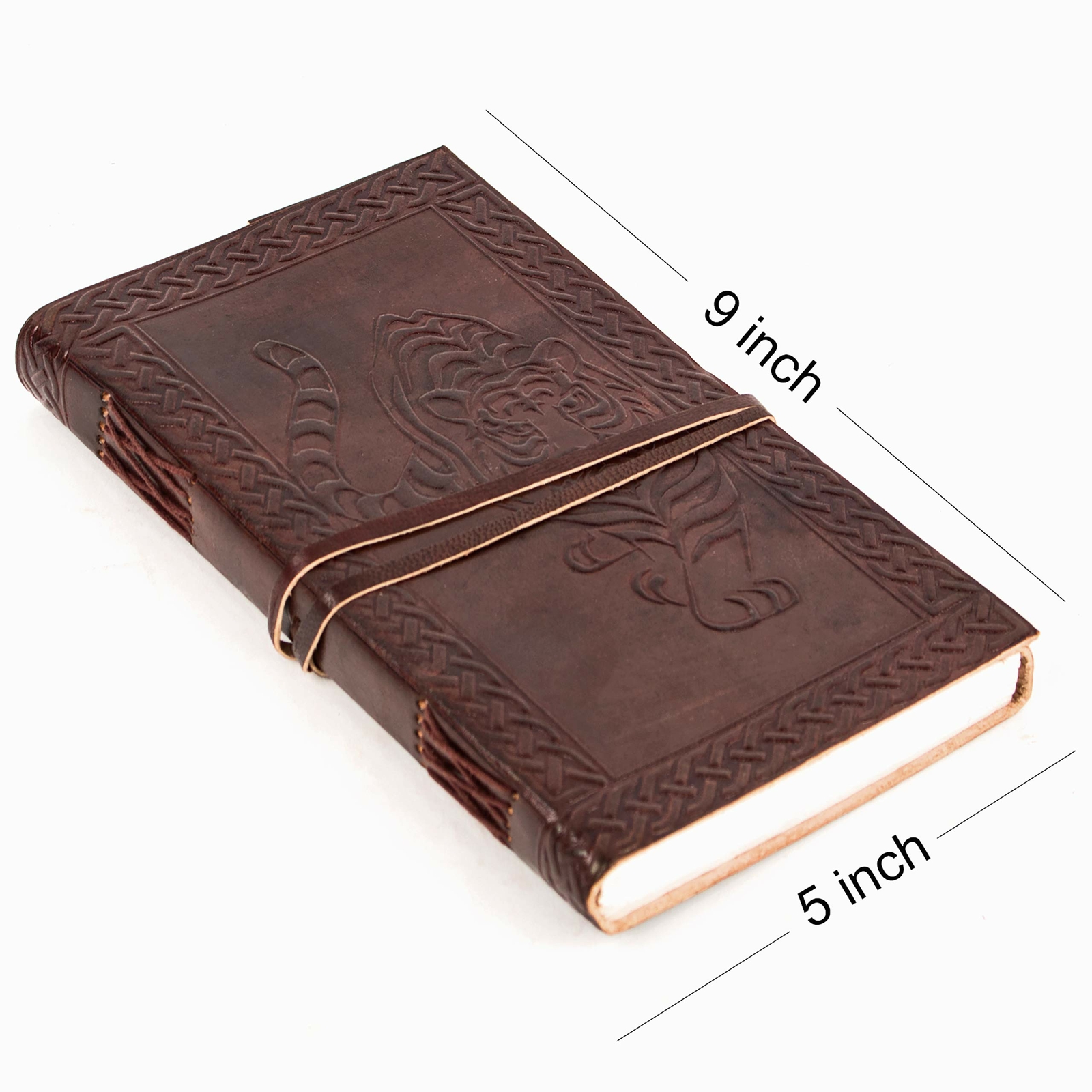 Leather Journal Tiger Cover Embossed with Cord Closure Notebook Brown