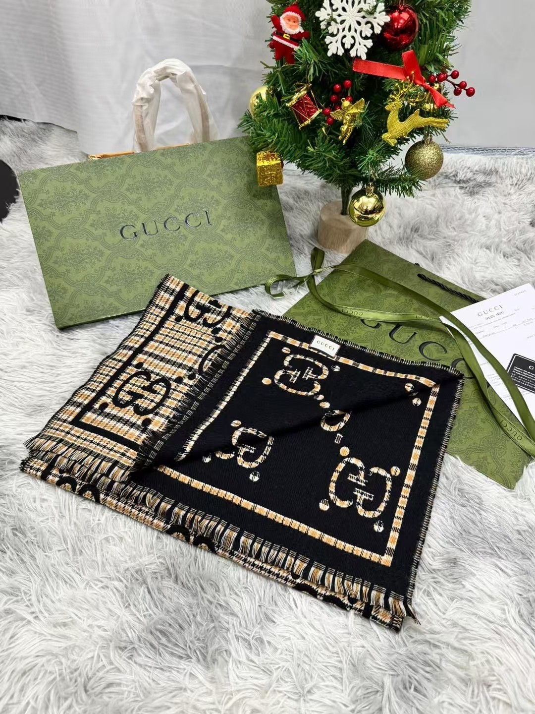 SCARF GUCCI SCARF SHAWL AUTHENTIC 100% CASHMERE BLACK BEIGE CLASSIC LOGO