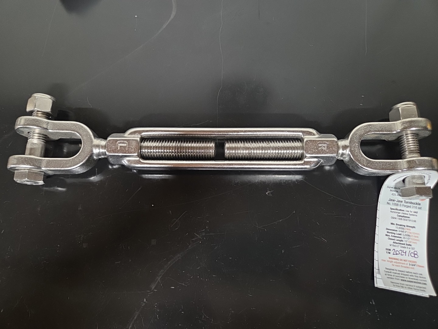 JAW-JAW TURNBUCKLE 1058-S Stainless Steel T316 Mil Spec 3/4" x 6"  5,200 Lbs