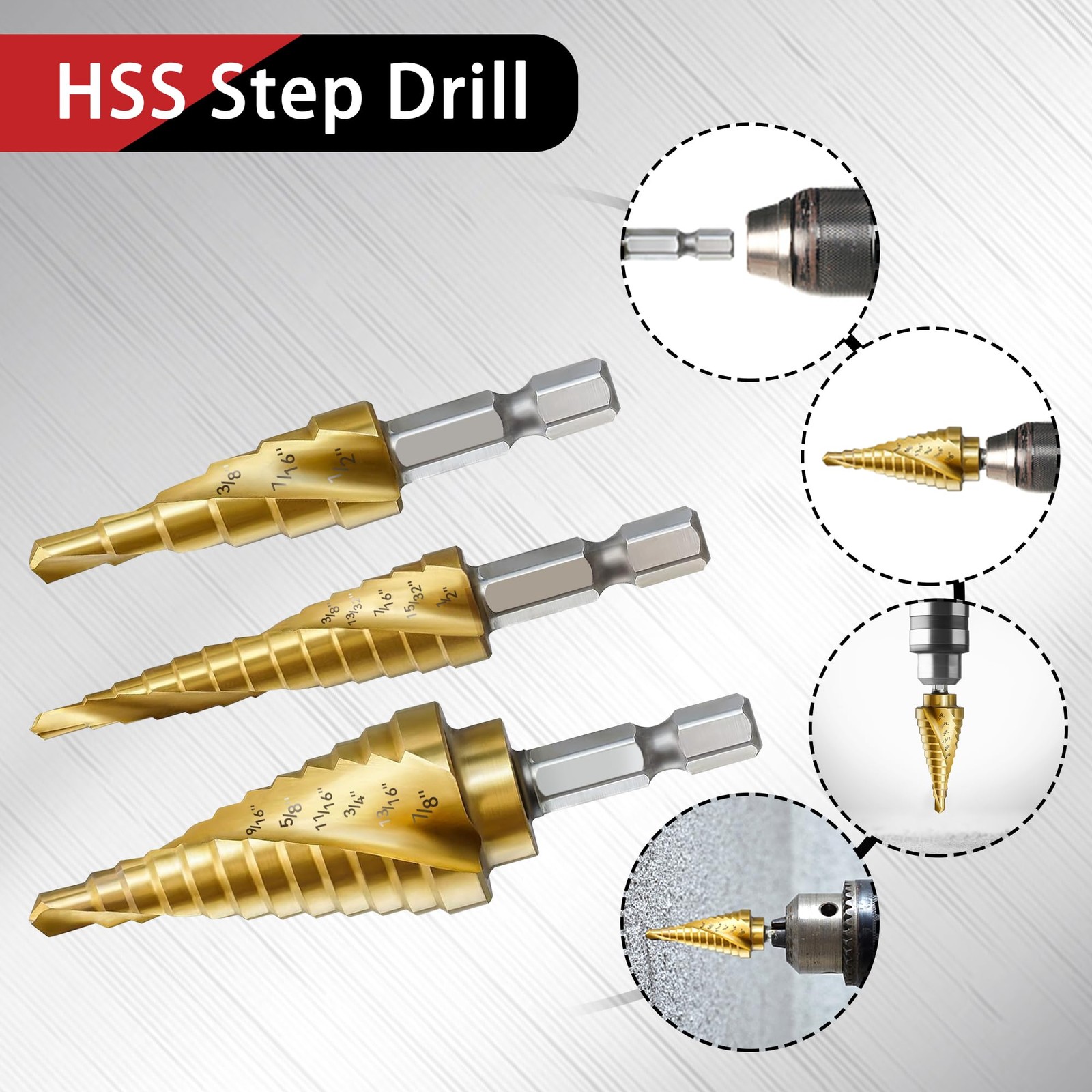 3PC Step Drill Bit Set 1/4in Hex HSS 31-Step Spiral for Metal Wood Aluminum DIY