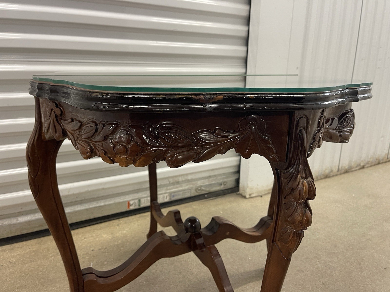 Vintage French Neoclassical Inlaid Marquetry Wood Side Table Ornate Legs Glass