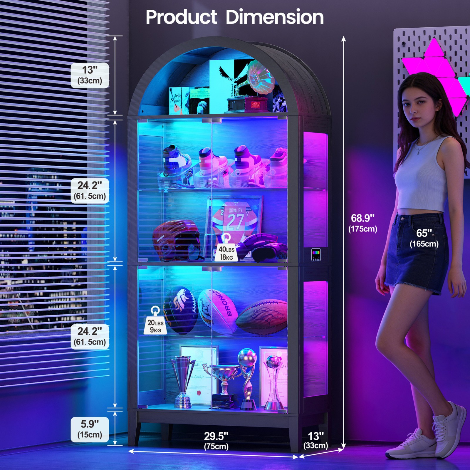 Black Curio Cabinet with Glass Doors, 69" Arched Display Cabinet with RGB Lights