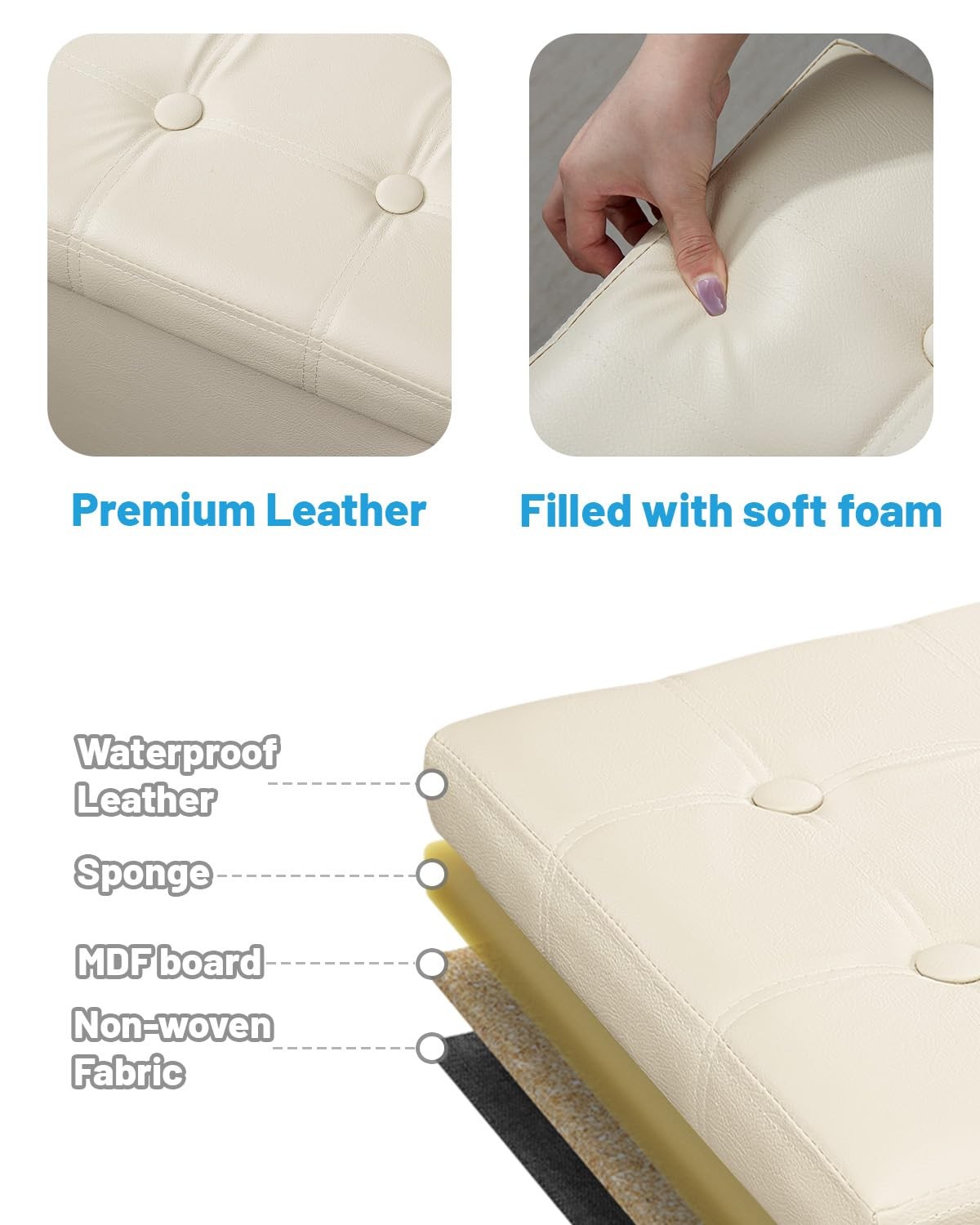 Storage Ottoman Foot Rest Stool 17 Inch Folding Leather Footstool Bench Short Be