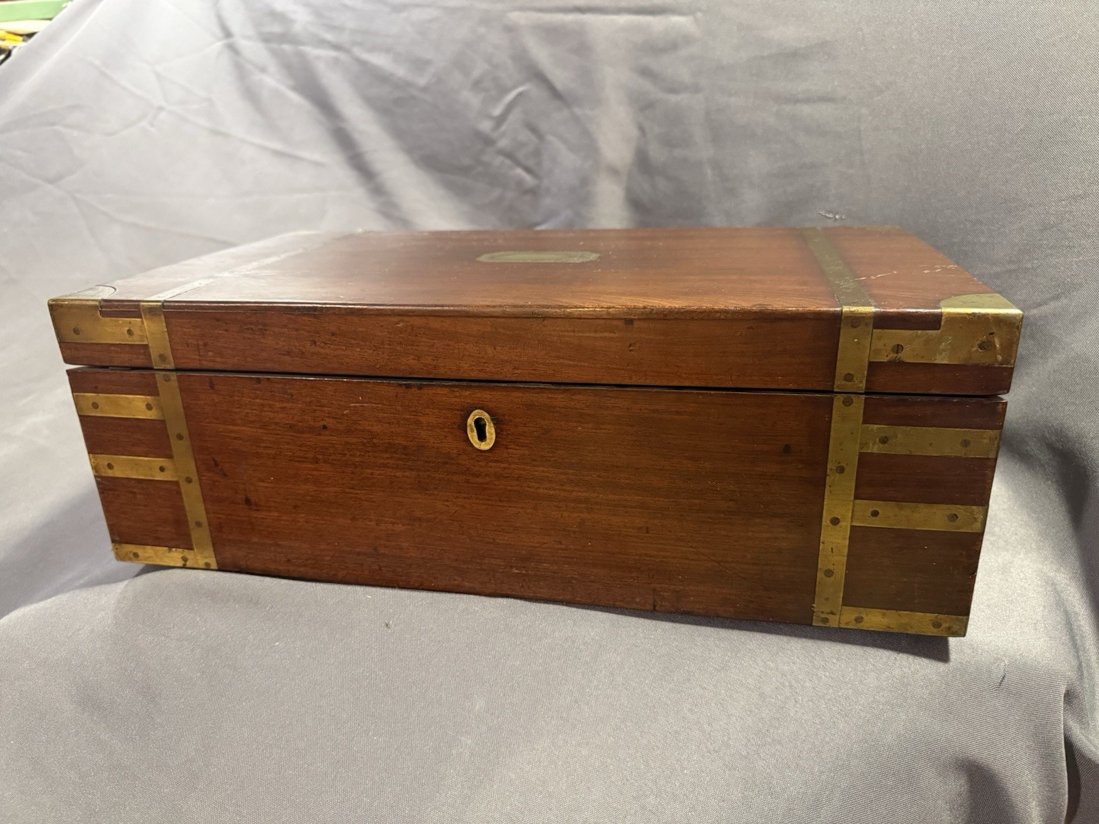 Early Antique Wood & Brass Bound Military Campaign Writing Desk