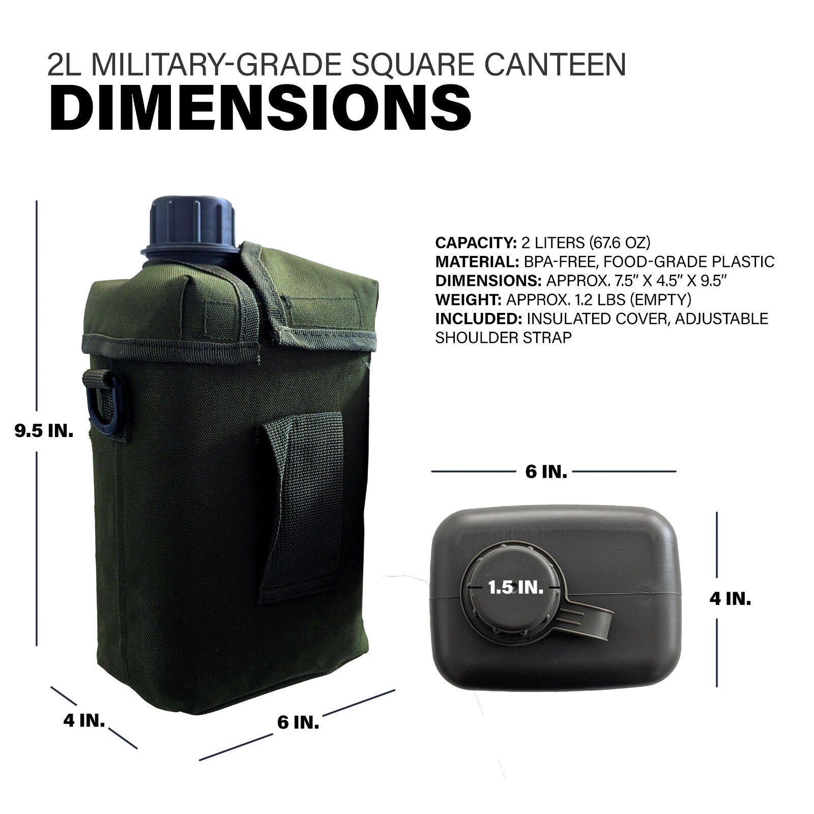 2L Military-Grade Square Canteen with Insulated Case & Shoulder Strap – BPA-Free