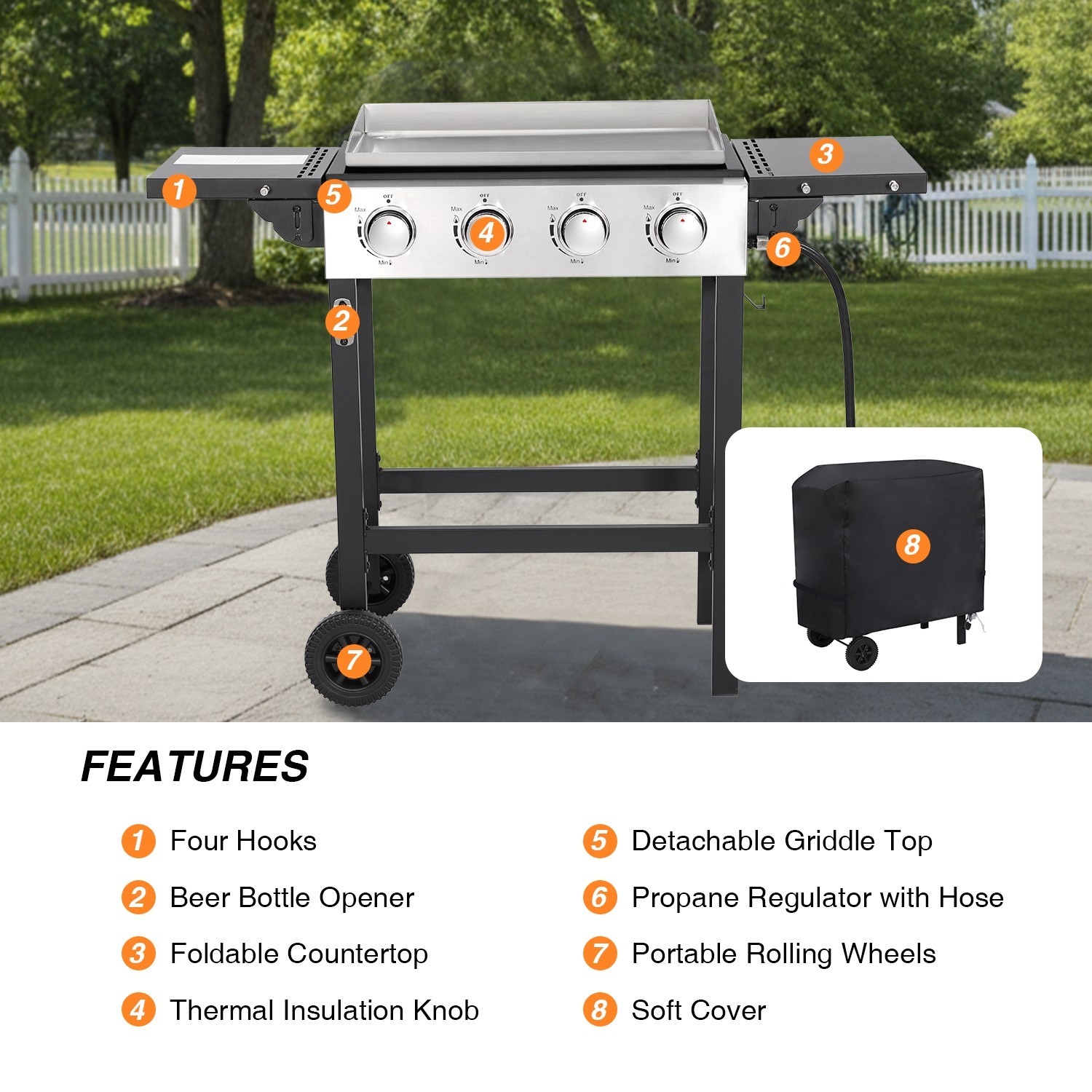 Propane Gas Griddle 4-Burner Flat Top Grill Griddle with Wheel Cover for Outdoor