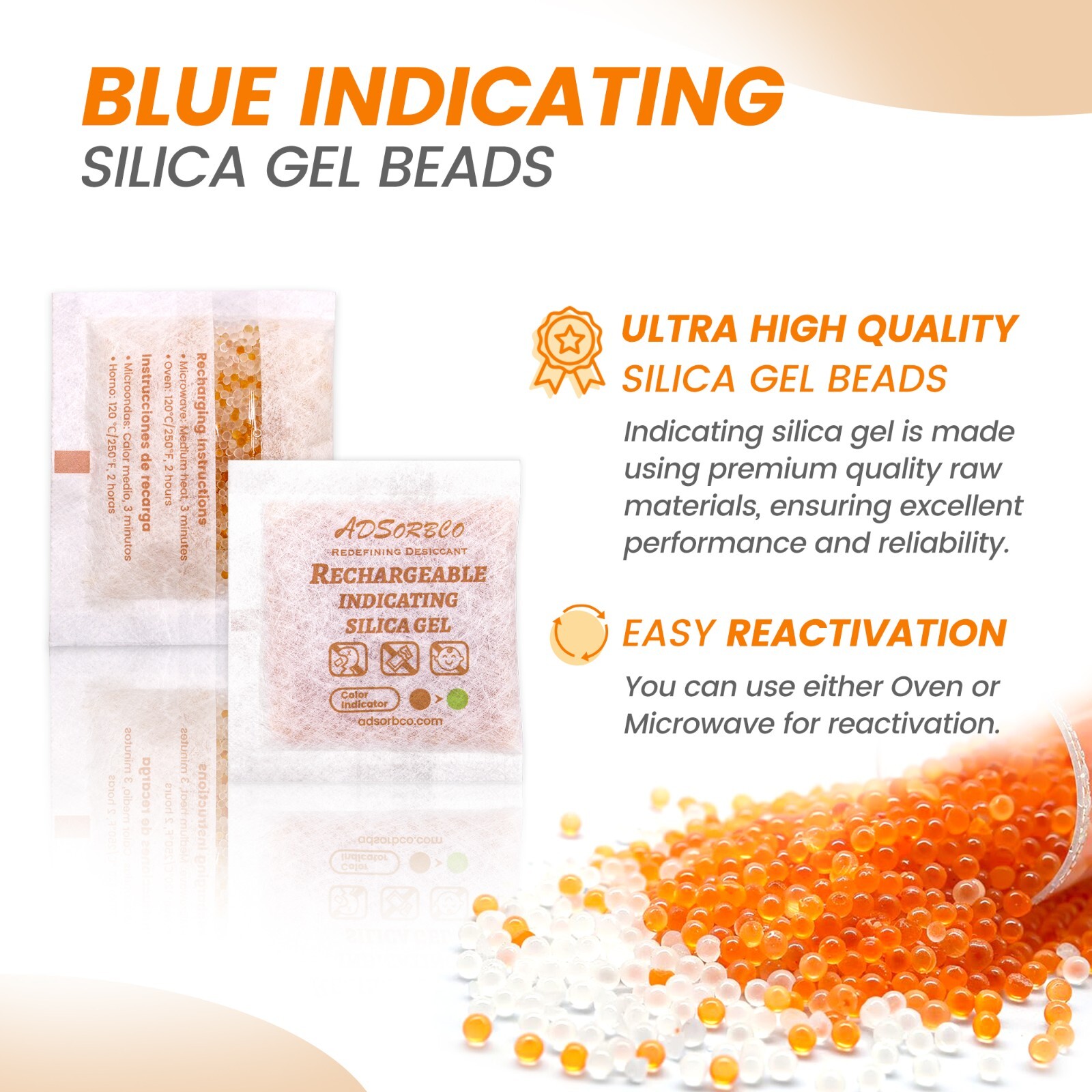 [2 Gram 100 Packages] Adsorbco Rechargeable 20% Orange + 80% White Silica Gel