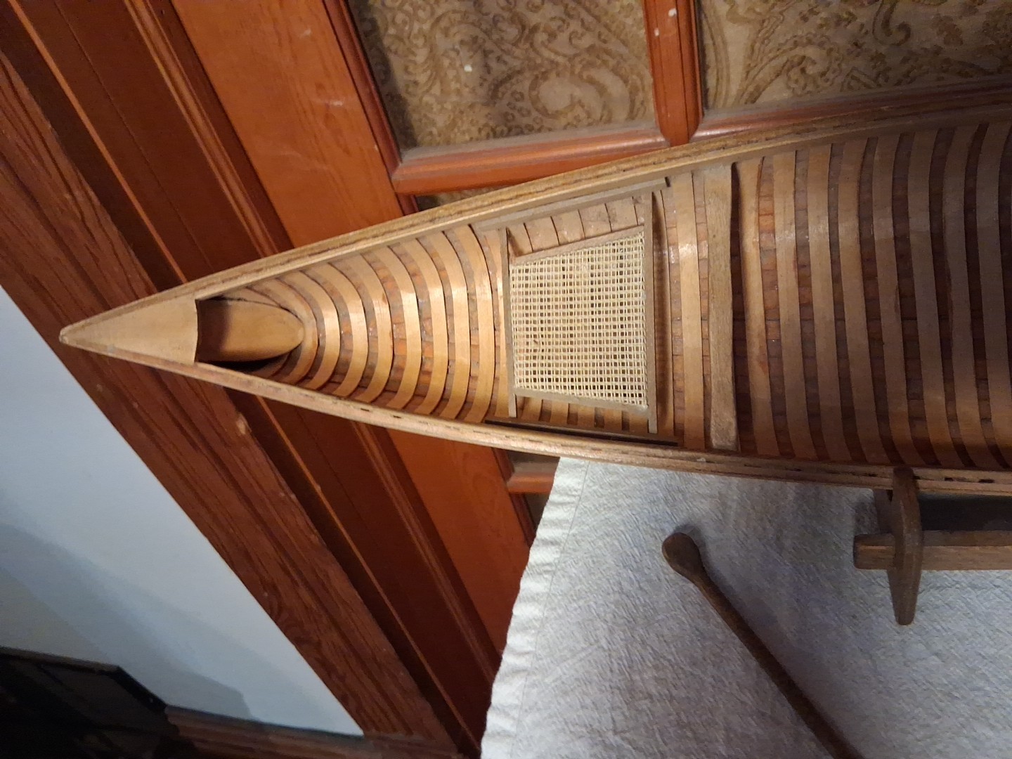 Vintage AM Wooden Large 27" Canoe Model~2 Paddles & Stand~Original Box