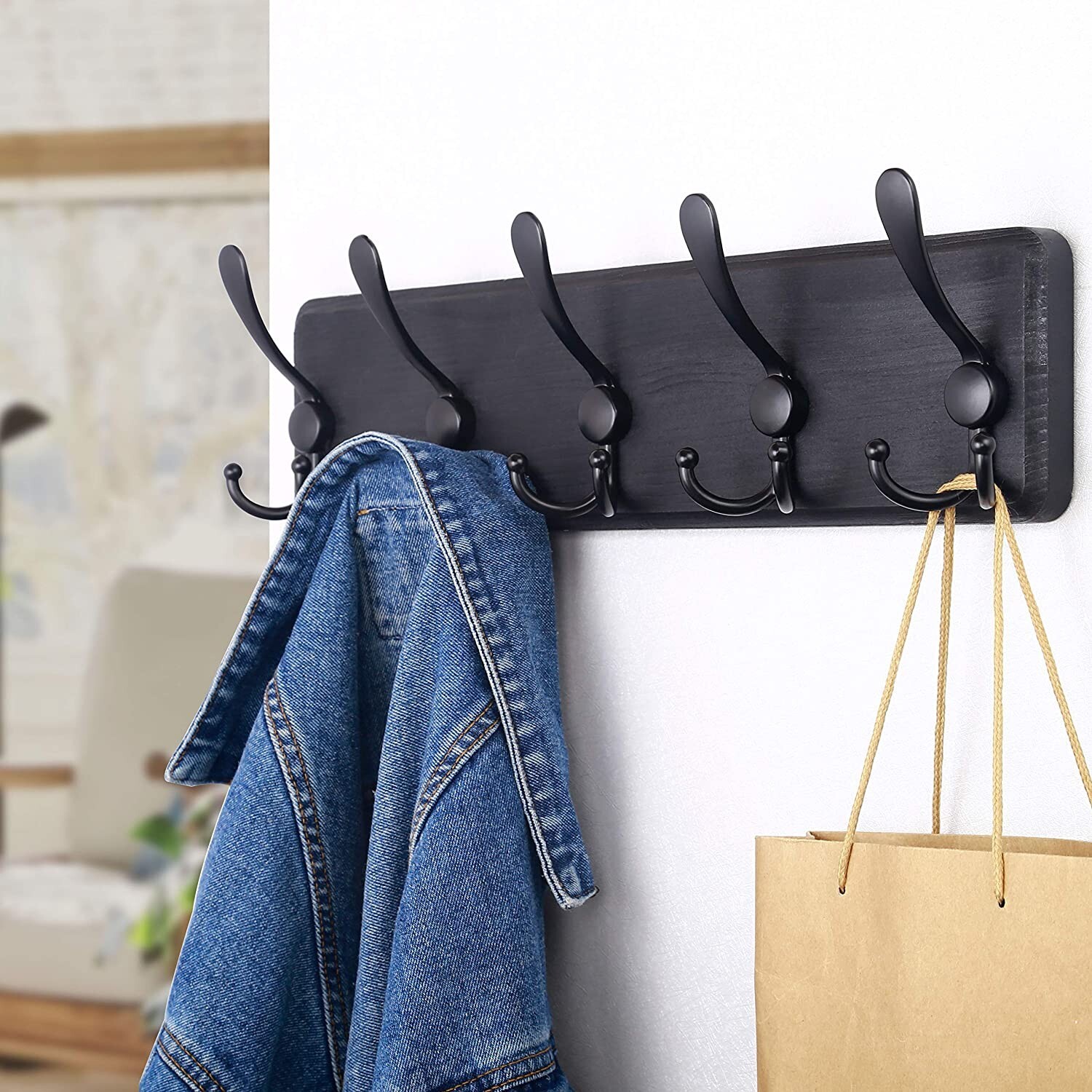 Rustic Coat Rack with 5 Hooks - Black Wall Mounted 24" Coat Rack - Solid Pine...