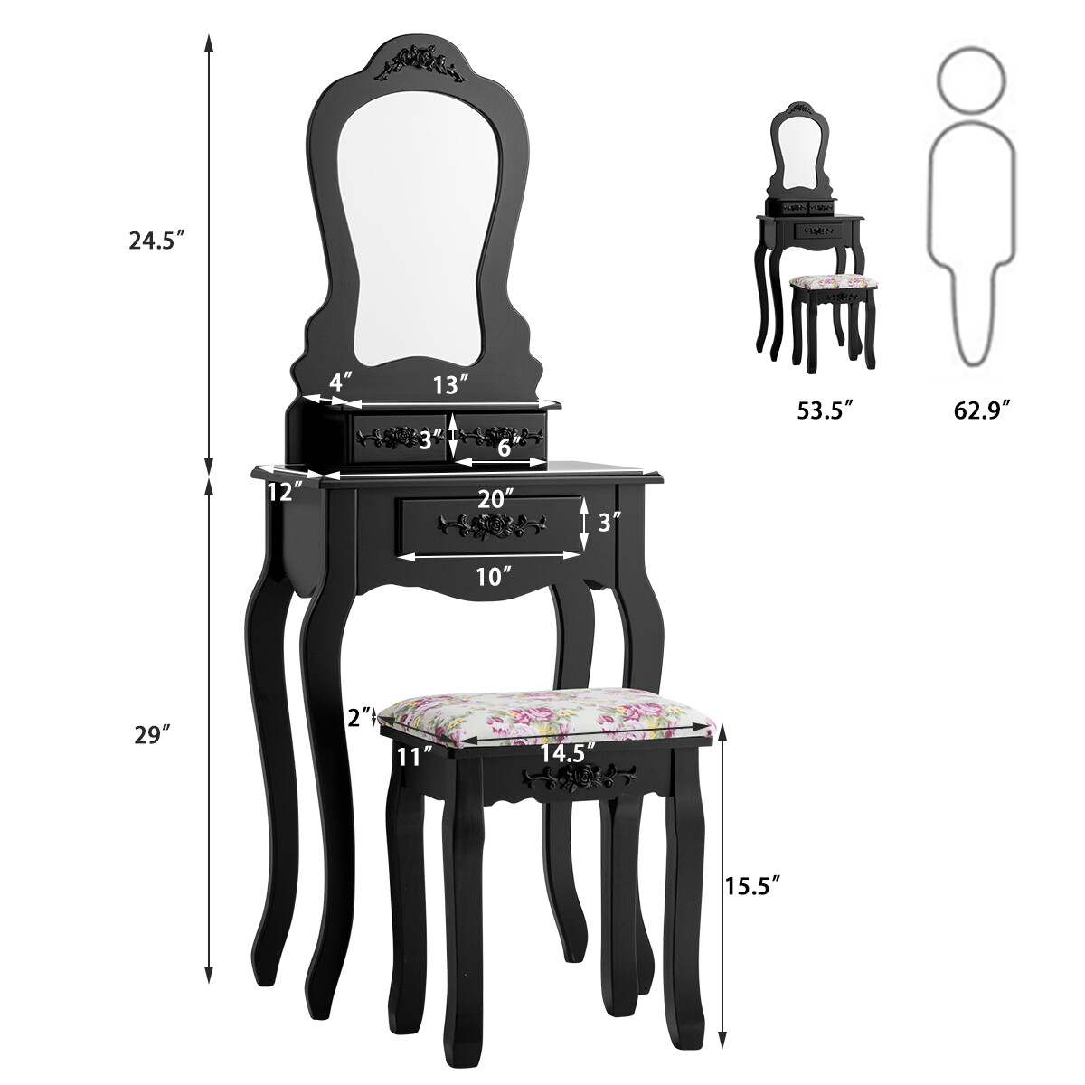 Vanity Wood Makeup Dressing Table Stool Set Jewelry Desk Drawer Mirror Black